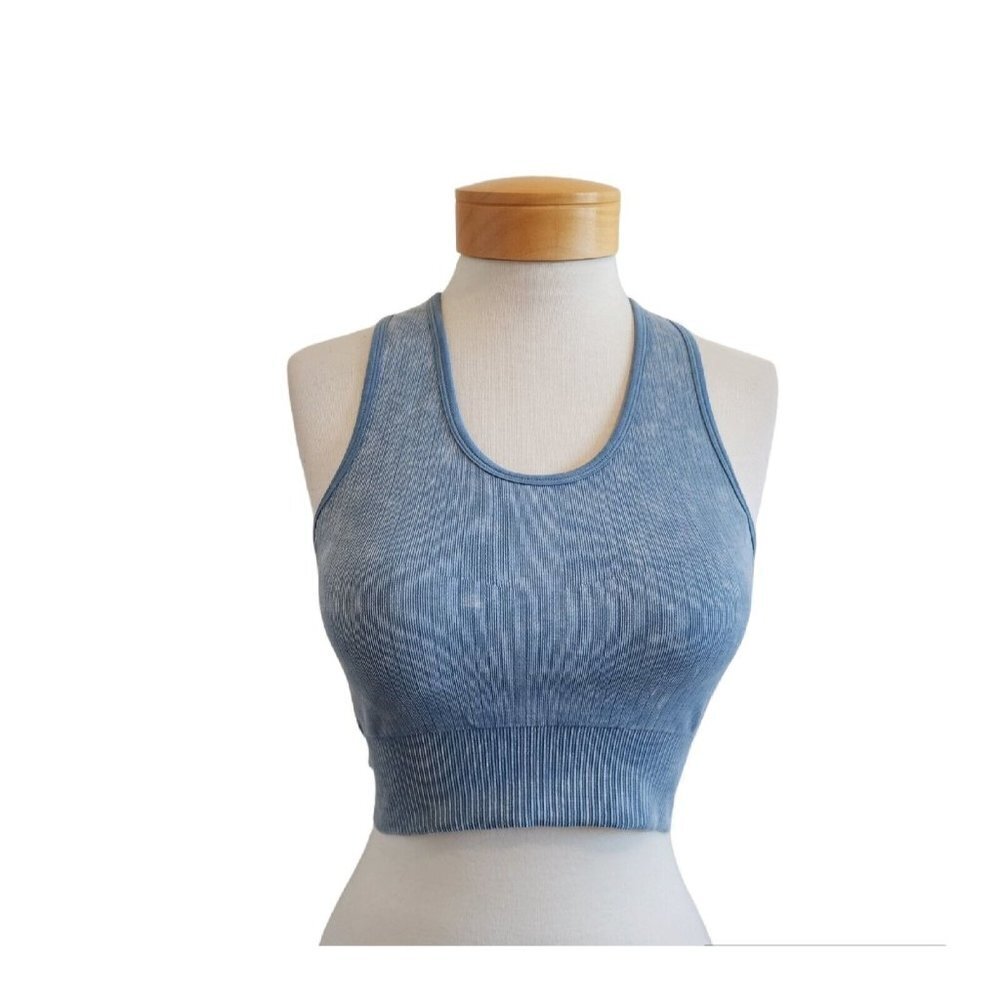 Lulus Washed Blue Tie Dye Ribbed Scoop Neck Light Padded Racerback Sports Bra S